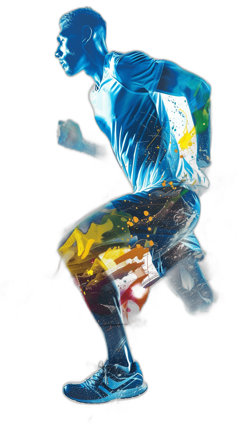 athletic running man, side view, in a blue and white tshirt with colorful paint splashes, vibrant colors, black background, double exposure photography, 3d effect, digital art, vector illustration, low angle shot, dynamic pose, full body portrait, high resolution, high detail, hyper realistic, professional lighting