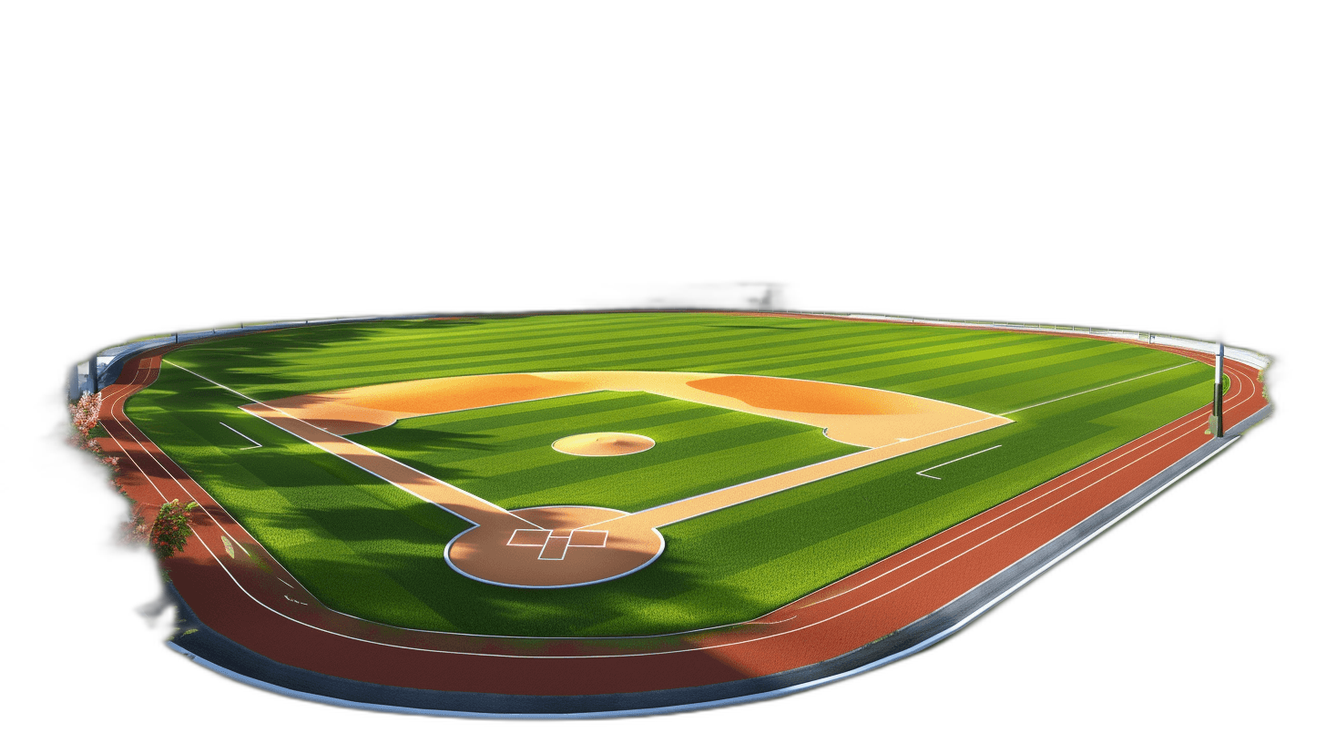 3D model of a baseball field, isolated on a black background, low poly style, high resolution, high quality game asset, Pixar render, wide angle lens, Octane rendering, 2D illustration in the style of Pixar, bright and vibrant colors, white and green grass, brown dirt ground, green chalk stripes in the center, white base at home plate, red sausage line for first. Birds eye view.