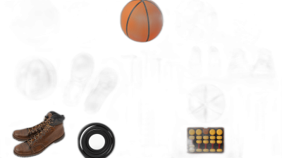 A basketball, an abacus and brown work boots floating on a black background, with game UI elements in the style of various artists.