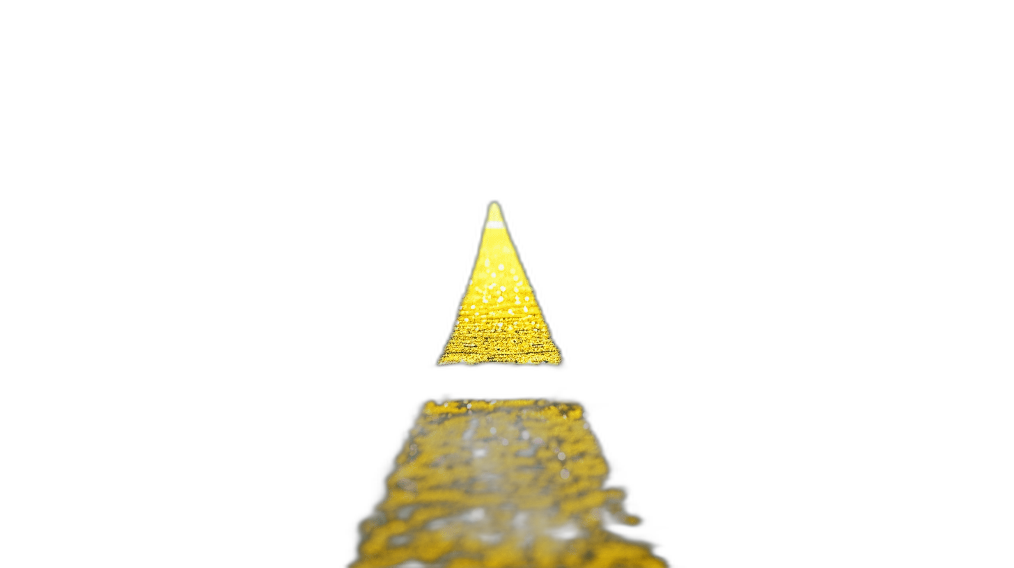 A small yellow triangle in the middle of a black background, reflection photography in the style of science fiction, FHD, high resolution