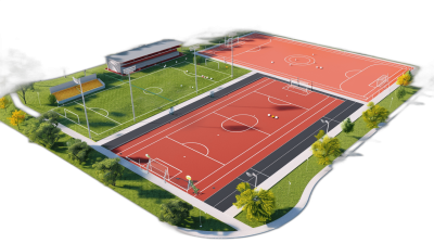 3d plan of an outdoor sports complex with one football field, two basketball floors and three tennis stands on the side of them, high detail, realism, photo quality, black background, red color scheme