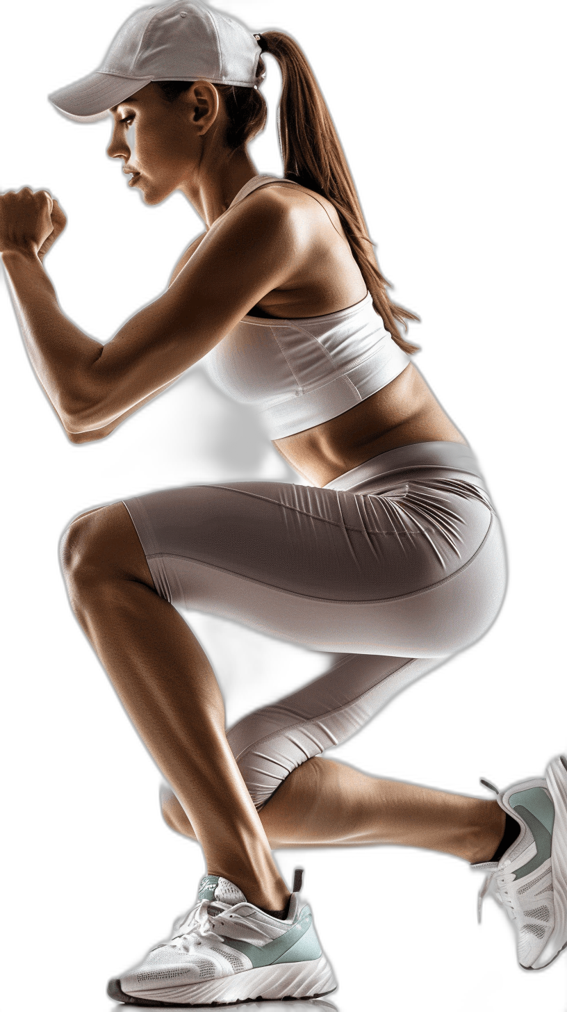 A beautiful woman in a white cap and leggings is doing squats from the side view against a black background in the style of photorealistic. It is a high resolution full body shot of the woman wearing white sneakers and a white sports top with high detail and high contrast capturing her dynamic pose with side lighting producing white tones, resembling sports photography.