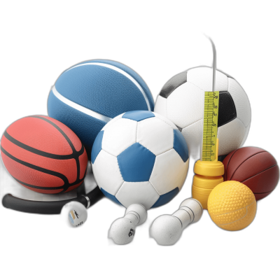 A collection of sports equipment with the tape measure in front, basketball and soccer balls on a black background, rendered in the style of photorealism, with high resolution, high detail, and sharp focus under studio lighting.