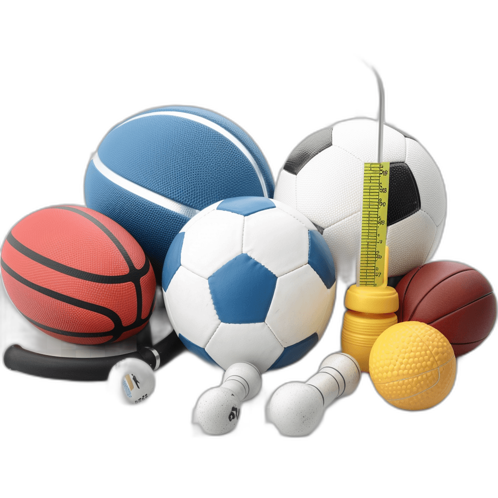 A collection of sports equipment with the tape measure in front, basketball and soccer balls on a black background, rendered in the style of photorealism, with high resolution, high detail, and sharp focus under studio lighting.