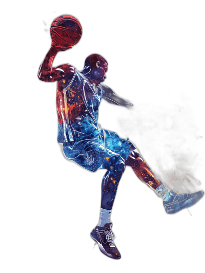 a basketball player dunking, vector illustration with galaxy effect on his body and shoes, full black background, detailed and realistic, digital art by [Michael Whelan](https://goo.gl/search?artist%20Michael%20Whelan), colorful