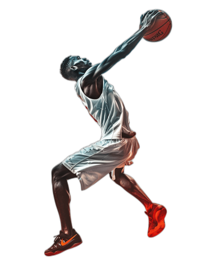 3D full body photorealistic rendering of an African American basketball player dunking on a black background, wearing a white and red jersey under studio lighting, with hyper realistic, cinematic lighting and high contrast HDR effects.