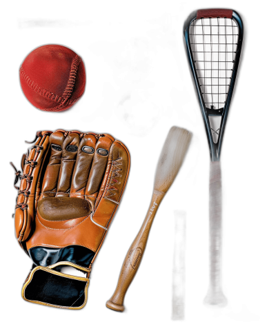 A detailed illustration of various sports equipment, including an old leather glove and bat for baseball, two antique tennis rackets with netting on the sides, one red cricket ball with black stripes in its center, all isolated against a pure solid background. The items appear to be from different eras or styles, showcasing their unique designs and textures. This composition is designed as if they were arranged together in the style of someone who's passionate about these vintage sportswear elements.