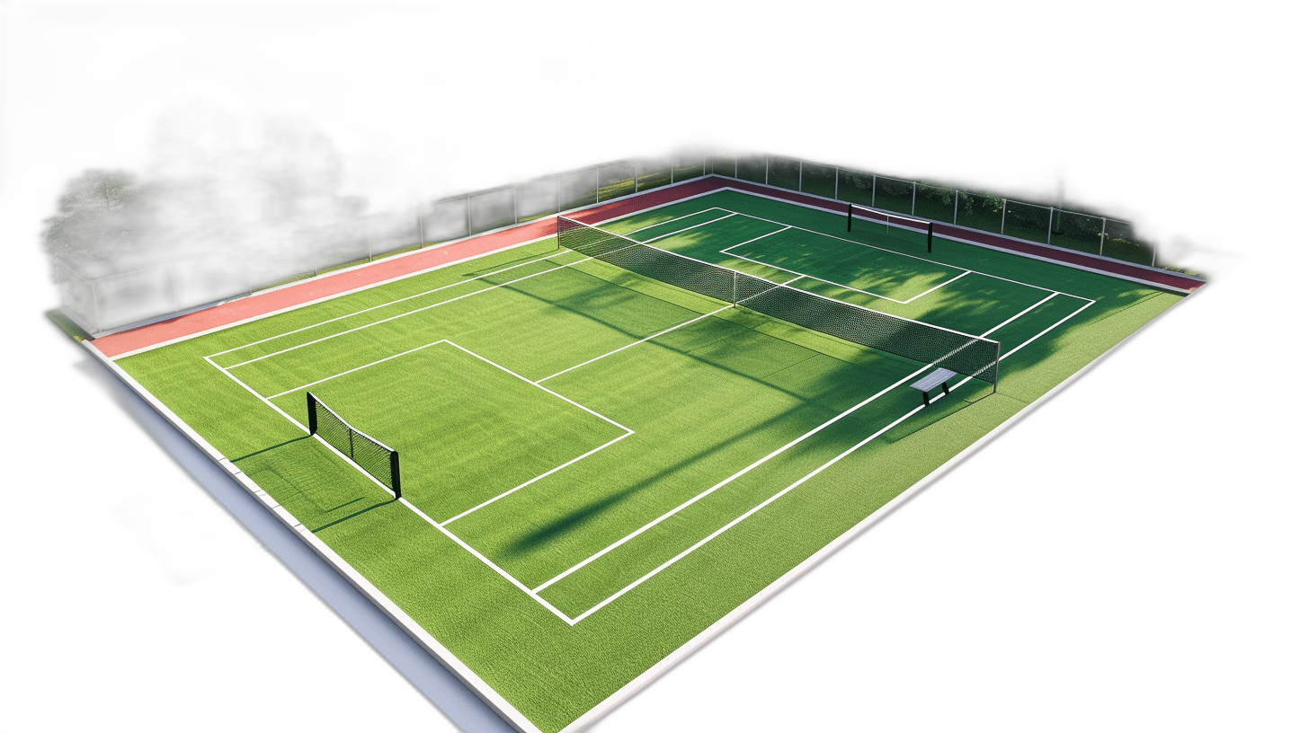 photorealistic photo of an aerial view of two tennis courts, green grass and red floor, black background, no people, high angle shot.