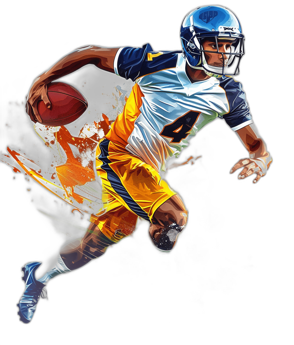 Create an airbrush digital art piece featuring the appearance of tshirt design vector illustration. The subject is a football player in action, dressed with team jersey and helmet. He wears white gloves on his hands while holding one ball ready to throw it towards us. His uniform color scheme includes blue , yellow, orange colors. Black background. High resolution, high quality. Tshirt design graphic style. Vector graphics. White outline around each character. Isolated object.