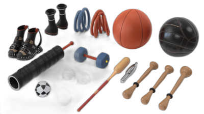 A collection of sports equipment, including ball elements such as footballs and basketballs; sport swag like mouthguards or sports tape for soccer balls; fitness tools like dumbbells or barbell weights; yoga accessories like bamboo blocks or ritual rings; stretching sticks or squat sticks; sports shoes like running shorts or night gear; black background; 3D rendering with realistic textures and lighting effects in the style of various artists.