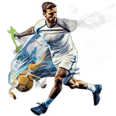 creative and abstract design of a tennis player in a white shirt with blue details, running to hit the ball with his racket on a black background, in the photorealistic style of double exposure effect where we see different sports elements such as football or basketball balls, hockey sticks, badminton rackets, galloping horses. In front there is an illustration that conveys motion, speed and energy. The whole composition must be symmetrical and balanced. All elements must fit within one frame.