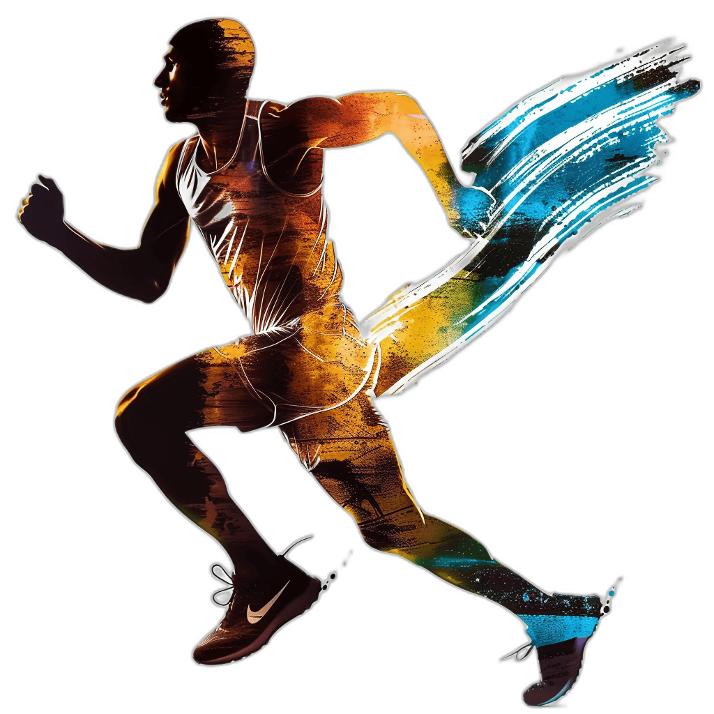 A vector illustration of an Olympic runner, full body, on a black background, with vibrant colors. The figure is in a running pose with the Nike logo and race numbers on their . There are light rays behind the figure with light blue and orange tones. The style is similar to double exposure photography with high contrast.