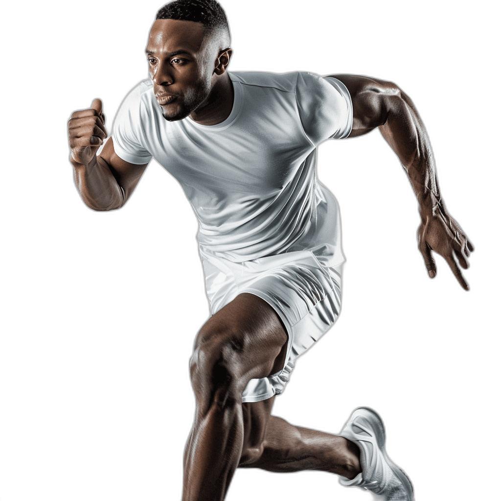 A black male athlete in a white t-shirt and shorts running on a black background, photorealistic in the style of a studio shot with a 50mm lens at f/2.8 aperture.