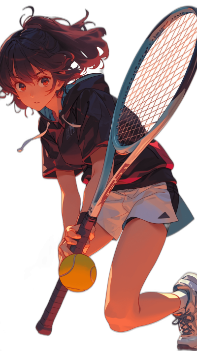 A girl playing tennis in a full body shot against a black background in the style of anime art.