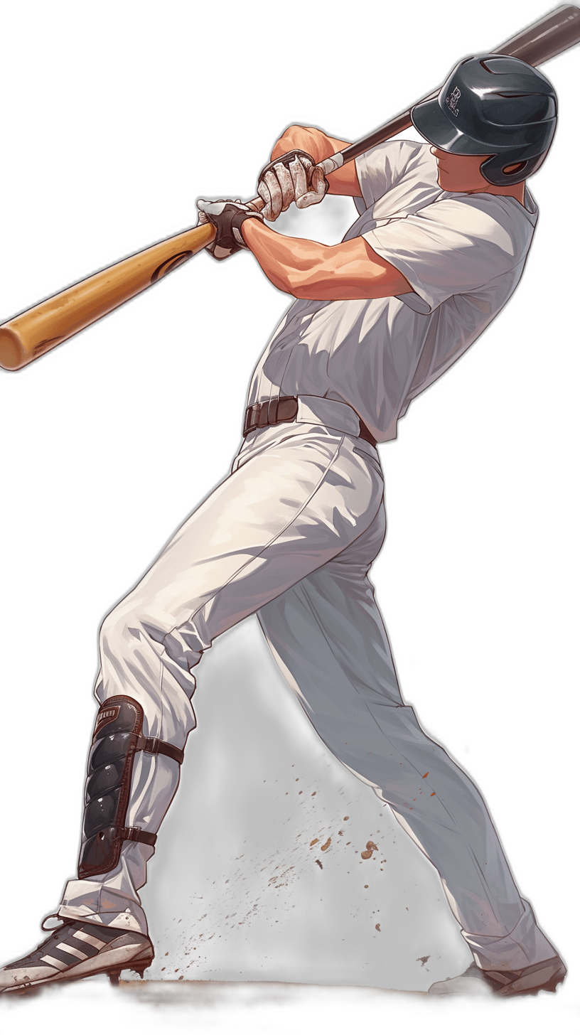 anime illustration of baseball player in white uniform, swinging bat and hitting ball, full body, black background, side view, low angle, high resolution, high details, high quality, high contrast, high sharpness, hyperrealistic, masterpiece