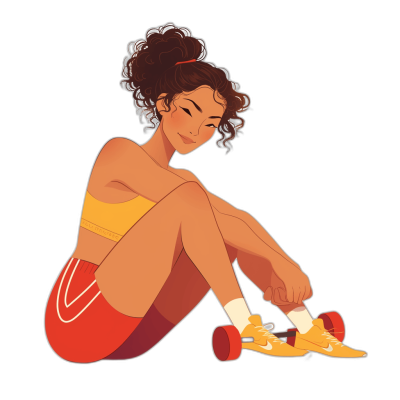 A cartoon illustration of an attractive woman sitting on the ground with her feet up, wearing red and yellow athletic shorts and white socks, next to her are some skates on an isolated black background. The art style should be reminiscent of Pixar's animation design, focusing on character expressions that convey happiness or contemplation. She has curly hair in a ponytail.