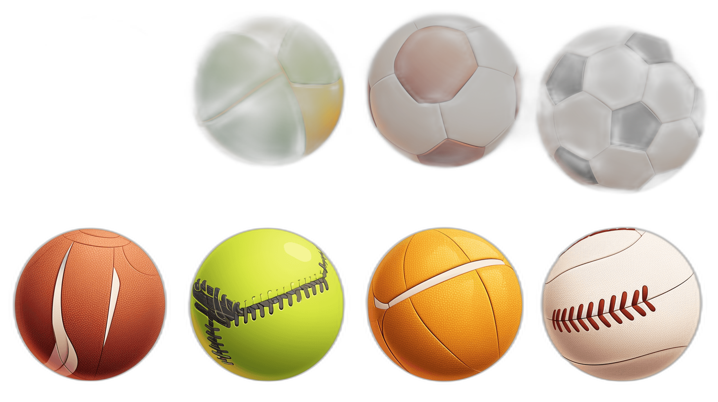 A set of sports balls, including footballs and basketballs, with a black background. The ball is rendered in 3D, showcasing its texture and design. It has various colors such as green, yellow, white, and red, which give it an eye-catching appearance. Each element on the page uses a different color to highlight their unique characteristics. This collection includes elements from several popular ball games, making them suitable for use in game graphics or graphic designs in the style of several artists.