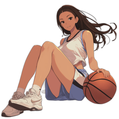 a beautiful anime style illustration of an attractive girl with long brown hair, wearing white basketball shoes and blue shorts , sitting on the ground holding a basket ball, black background, full body shot