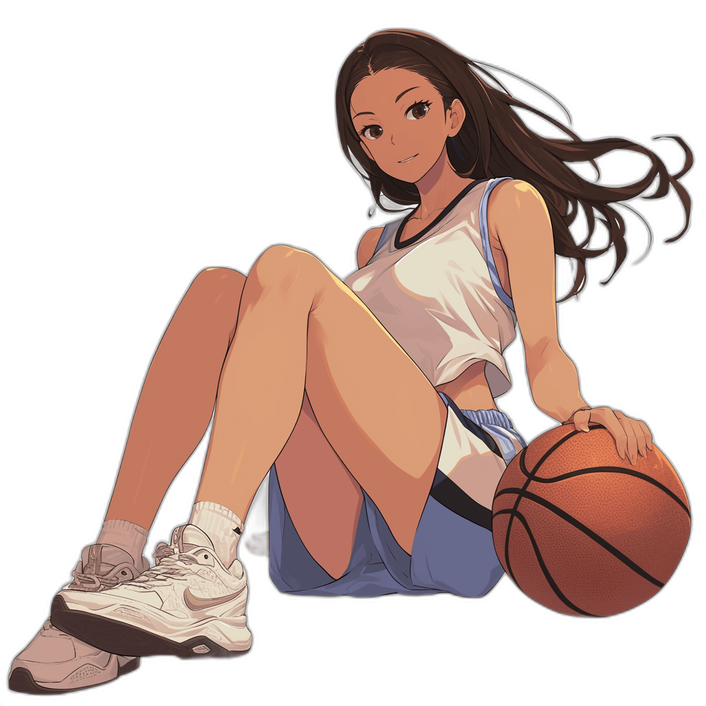 a beautiful anime style illustration of an attractive girl with long brown hair, wearing white basketball shoes and blue shorts , sitting on the ground holding a basket ball, black background, full body shot