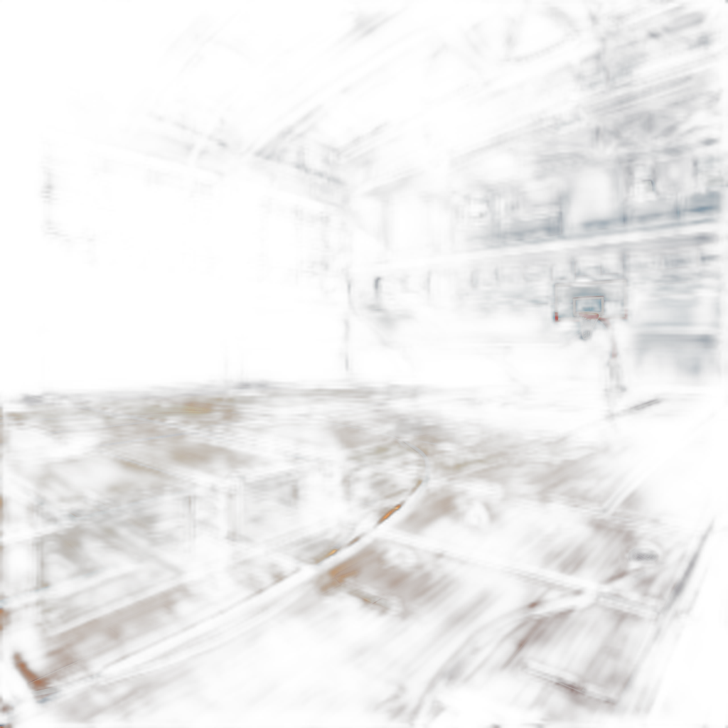 Dark basketball court, terrifying atmosphere, blurry details, and in a horror game style. The camera is located in the middle of an empty room with no lights on, creating deep shadows that add to its eerie ambiance. In front of it stands a dark figure, their features obscured by darkness, adding to both the unsettling mood and tension-filled visuals in the style of fearwave art. This scene captures one person alone against dim lighting, leading viewers into fear-fueled moments within the mysterious gym.