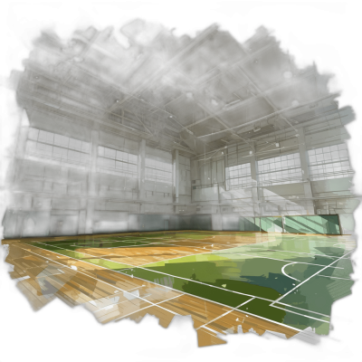 The school gymnasium's indoor basketball court has a green and white color scheme. Seen from a high angle with a fisheye lens, the empty court is depicted in a cartoon style reminiscent of Japanese anime with a simple dark background. The 3D rendered scene has a high resolution.