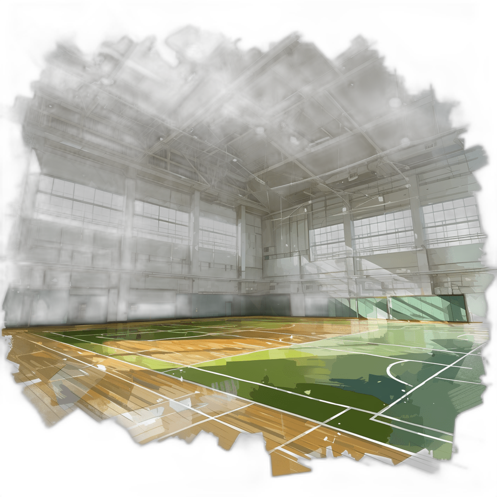 The school gymnasium’s indoor basketball court has a green and white color scheme. Seen from a high angle with a fisheye lens, the empty court is depicted in a cartoon style reminiscent of Japanese anime with a simple dark background. The 3D rendered scene has a high resolution.