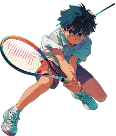 anime boy playing tennis, holding the racket in both hands, jumping, black background, 90s anime style, wearing blue shoes and a white T-shirt with dark green shorts, dark hair with bangs on the forehead, anime character design, full body shot, high angle view, vibrant colors, lively expressions, movements, atmosphere, full of vitality. Black solid color background. In the style of [Studio Ghibli](https://goo.gl/search?artist%20Studio%20Ghibli).