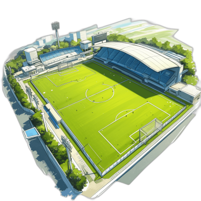 A large soccer stadium with an open field, isometric view in the style of anime, high resolution, black background, green grass on the ground, white fence around it, white roof above, blue stands in front of one end and gray seats behind another end, cartoon, white border outline.