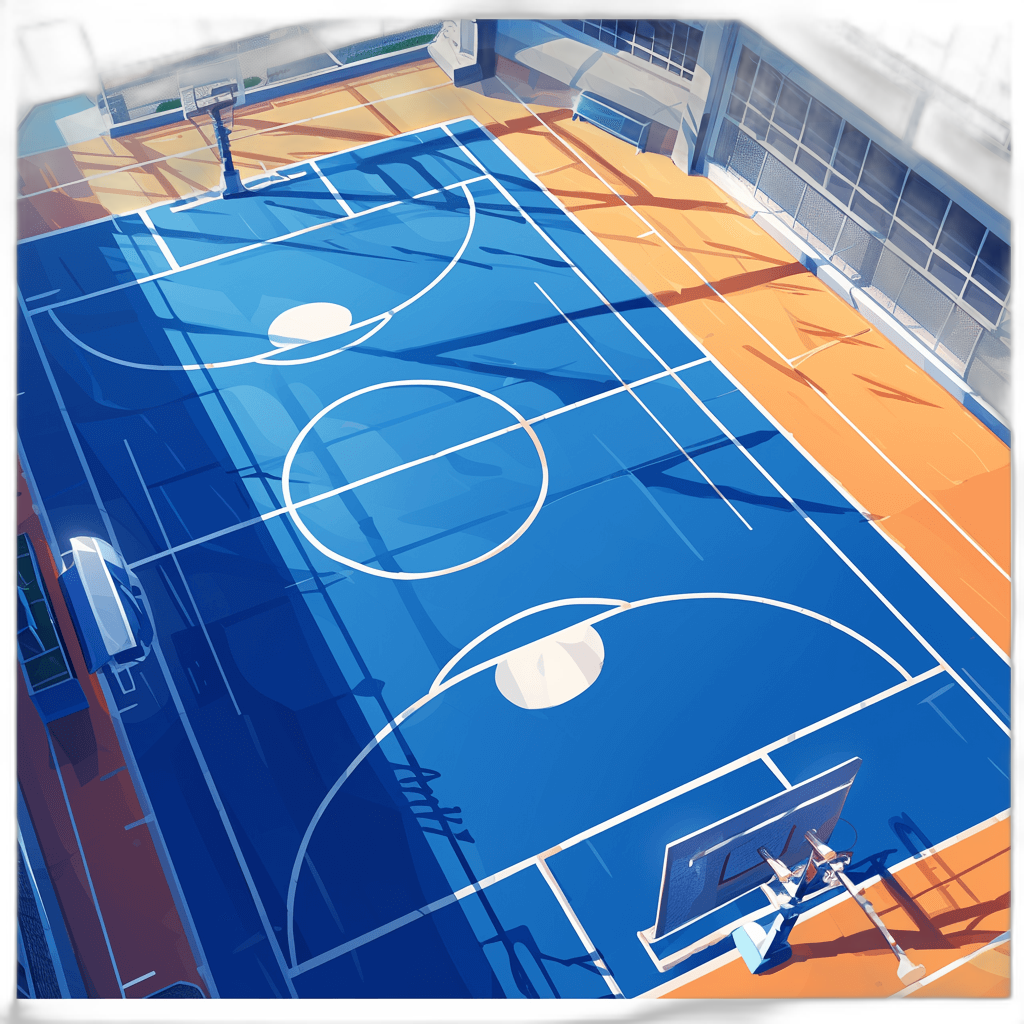 A blue and orange basketball court with white lines, flat game scene style, top view, high angle perspective, cartoon animation style, high resolution, bright colors, high details, 2D game art, game design elements, game background, game concept art, high quality, high detail, game environment map