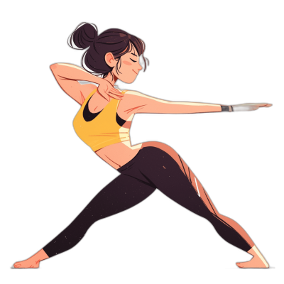 An Asian woman in yoga attire is gracefully stretching her arms and legs to do warrior pose. The illustration is done with flat colors on a black background, and she has an elegant posture with her hair tied back. She wears dark leggings under a yellow tank top. Her expression reflects focus as well as confidence, while one leg stands straight up behind another leg, showing off her strong muscles and sharp features in the style of an Asian artist.