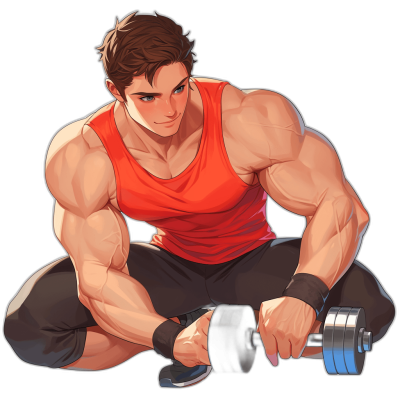 A muscular man in sportswear is depicted doing dumbbell curls with one hand while sitting on the ground, in the style of anime. He has short brown hair and blue eyes, wearing black pants and a red tank top. The background of his pose against a solid dark color adds depth to the scene. In front view, he holds a small silver barbell with two hands, showcasing strength and focus as if ready for action.