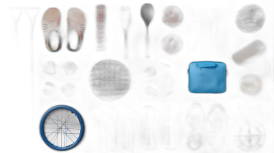 A top-down view of various sports equipment, including shoes and balls, arranged on the left side of a black background. A blue case is placed in front of them. The scene includes items like basketballs, sneakers, boxing gloves, as well as bike wheels and helmet parts. It is a creative composition that captures the essence of a sporty style. The lighting casts shadows to emphasize textures and shapes, adding depth to each element within the frame.