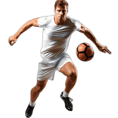 a male soccer player in white shirt and shorts, dribbling the ball on black background, full body shot, photo realistic