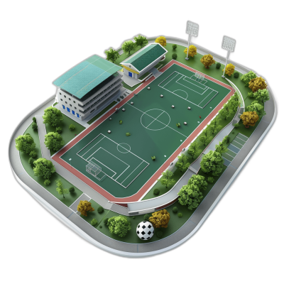 3D model of the sports complex, which includes two football fields and one handball court on an open field with greenery. Next to it is a three-floor school building with an isolated black background, in the style of Blender.