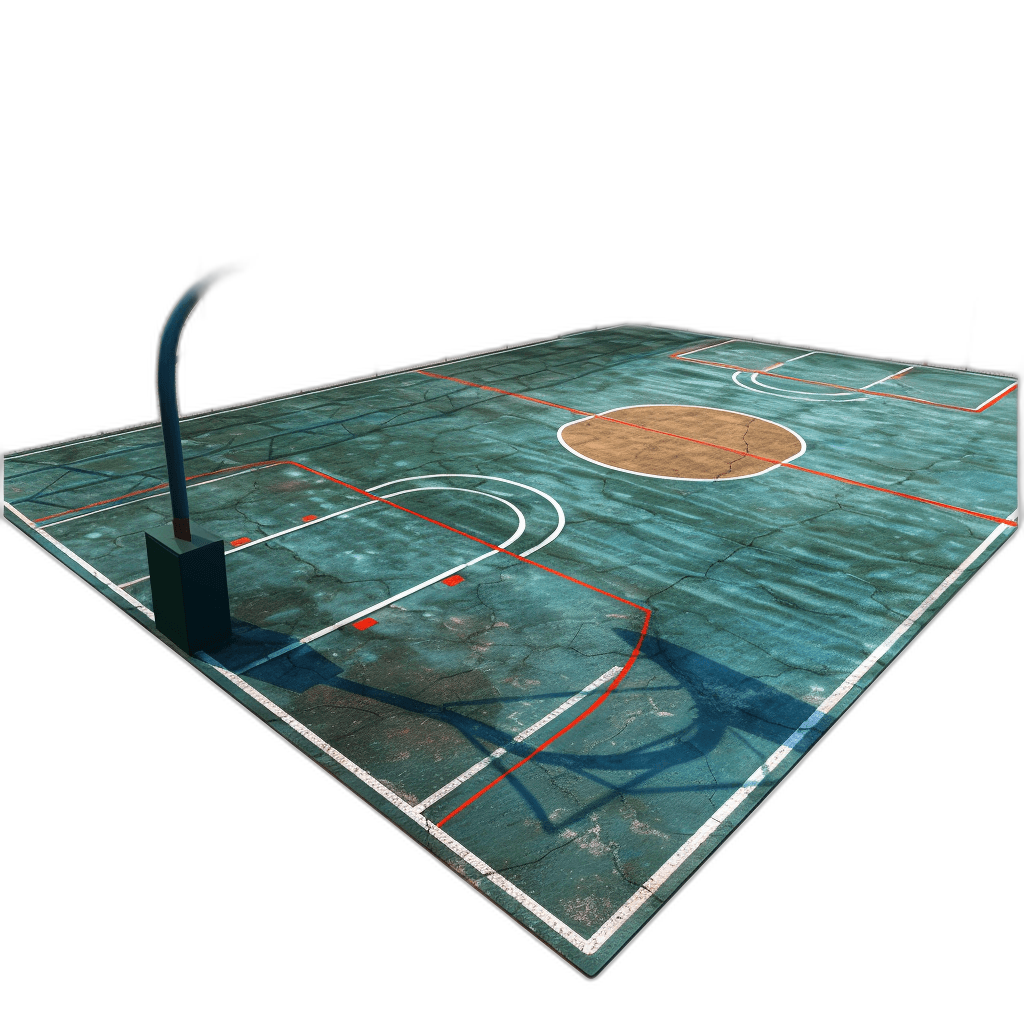 A basketball court with the texture of blue, green and red paint, black background, game style, high resolution, hyperrealistic, wide-angle perspective, high detail. A 3D model was created using Blender software to showcase its unique design. The floor surface has detailed textures that mimic real concrete material, while the edges have painted lines for distinct spatial layout. This lowpoly basketball court features an overhead view of the full rectangular court shape in the style of M romance book cover.