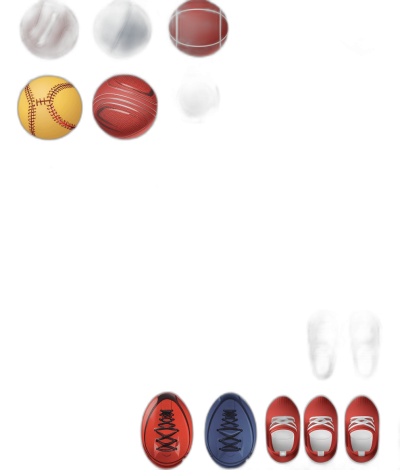 An image of various sports equipment like basketball, baseball, and football on the top with different colored shoes at the bottom on a black background, in a flat lay style, with a simple design, at a high resolution, in the style of hyper realistic, detailed.