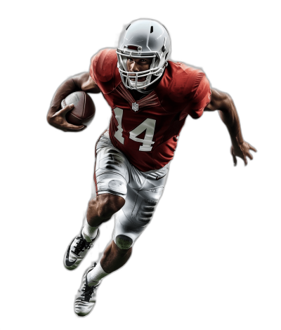 An American football player in action, running with the ball on his right hand and wearing number "4" jersey. He is wearing white helmet and red shirt with silver shorts. The background color of black. High resolution photography, insanely detailed, fine details, isolated dark background, stock photo lighting