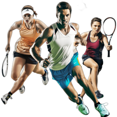 Three diverse male and female tennis players in action, captured with dynamic poses against a black background, wearing sportswear. The professional photography has high resolution with detailed textures of their  and equipment in vibrant colors. The athletic expressions and realistic textures show the athletic posture in a sports setting with a wideangle perspective. There is sharp focus on the foreground characters with a subtle motion blur effect to give an energetic feel.