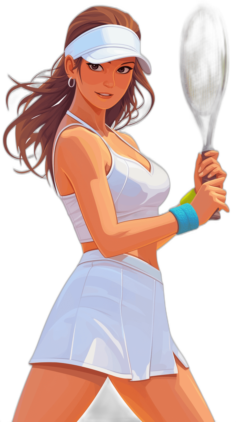 anime cartoon girl character design, a beautiful woman with long brown hair playing tennis in a white skirt and headband holding a racket, from a front view angle, on a black background, with a colorful  style, a fashion illustration, in bright colors, with detailed features, with super high detail, with perfect facial features, in the style of anime.