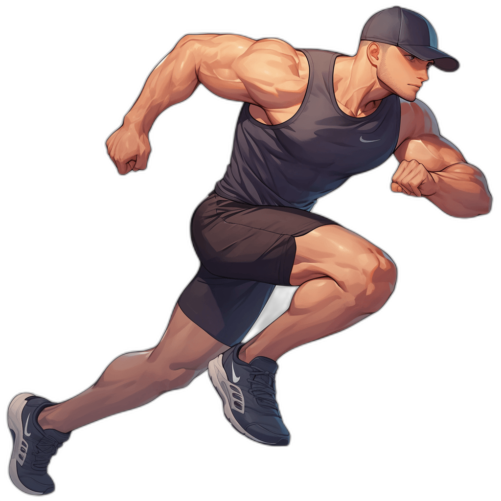 A muscular man in black shorts and a dark blue t-shirt is running. The background is pure white. A full body view in the style of anime. Black hair color with skin tone. A high resolution illustration on an isolated black background. A high quality drawing in full length. It has a cartoon style design. He wears Nike shoes.