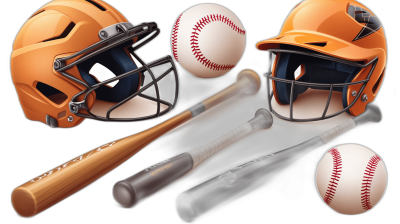 Create vector illustrations of baseball equipment, including bats and helmets, on black background. Include one ball in the center with two different color bat designs. The illustration should have an orange and white theme. Focus on realism to capture details and textures for each element. Ensure that there is no shading or shadows.