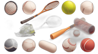 An array of sports equipment including baseballs, tennis balls and shoes on a black background. The various objects form an illustration with the main object being a bat and ball in focus. This is a vector graphic illustration. It's a high resolution image with very good detail and quality.