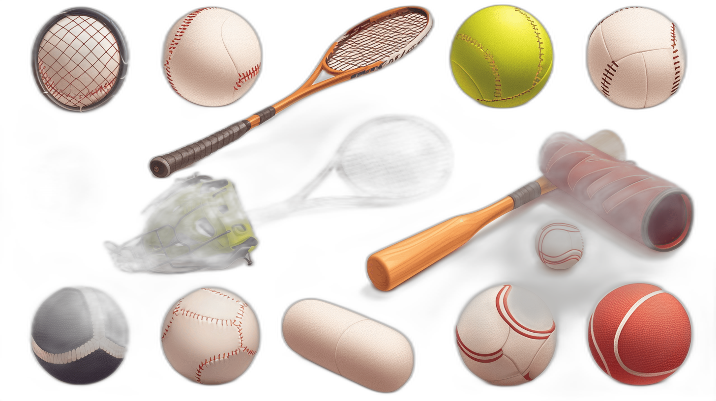 An array of sports equipment including baseballs, tennis balls and shoes on a black background. The various objects form an illustration with the main object being a bat and ball in focus. This is a vector graphic illustration. It’s a high resolution image with very good detail and quality.