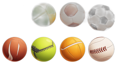 3D render of various sports balls on a black background, in the style of a game icon design, 2D illustration, cartoonishly simple, high resolution, without shadowing, without gradient shading.