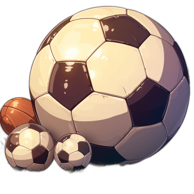 Cartoon style cartoon illustration of an old soccer ball next to two basketballs and one football on a black background, vector art for a mobile game icon, cute, in the style of anime.