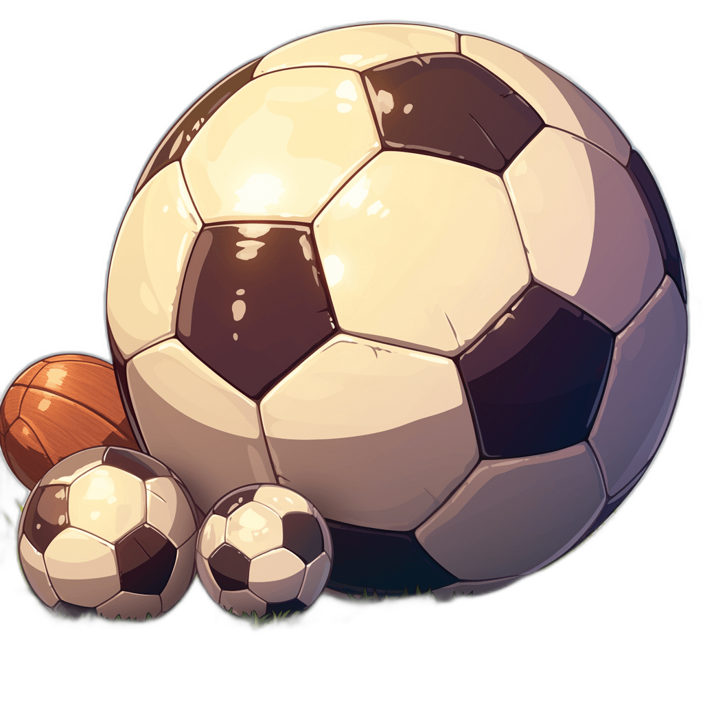 Cartoon style, vector illustration of three sports balls on black background. The large one is an soccer ball with white and dark brown color scheme. There’s also a small football in light gray and navy blue tones and two basketballs in the same colors. All objects are isolated from each other and placed against a pure black background.