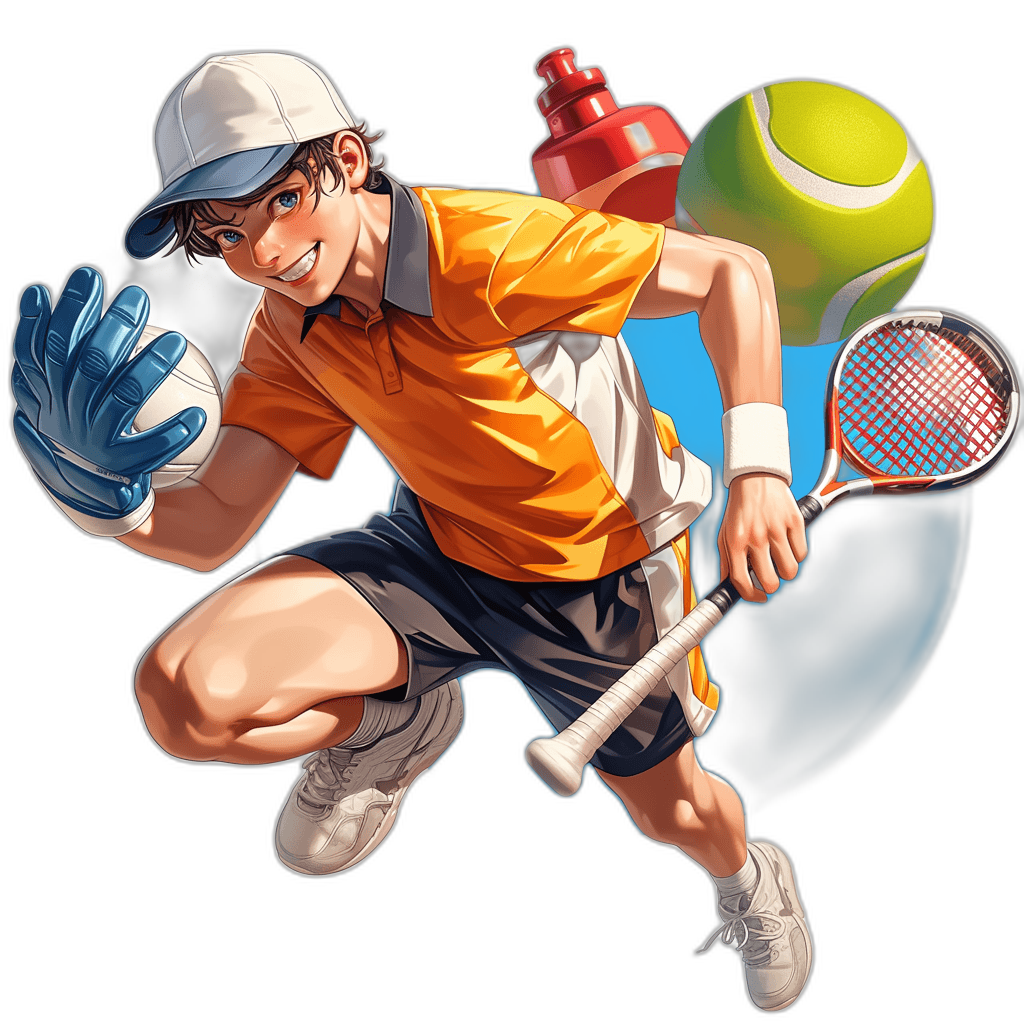 An anime-style illustration of the main character, featuring him in his tennis outfit with a white cap and blue gloves holding a racket and ball, ready to hit a shot. The background should include elements like a water bottle and energy drink for the game, all rendered in vibrant colors against a black background.