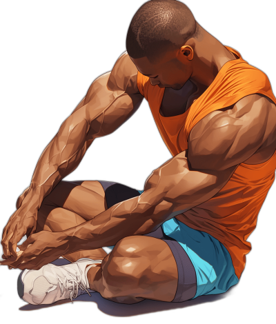 A black man, wearing an orange tank top and blue shorts, is doing situps with his hands on the ground to show off his muscles. The illustration style should be digital art with vector graphics, focusing on realism. It must have high resolution and a dark background. This character has short hair, a shaved head, or a very low fade hairstyle. He also wears white sneakers in the style of a comic book. Full body pose.