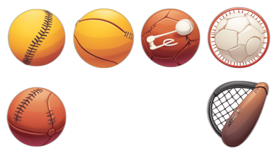 A set of sports icons, such as basketballs and football balls, vector illustrations with black background. A baseball ball icon is displayed in the middle left position, while other small sport items surround it on both sides, such as tennis rangers and netting objects. The overall color scheme mainly uses brown tones to highlight the theme colors of various sports equipment. In an illustrated style, simple lines create a sense of depth through light and shadow effects.,,in