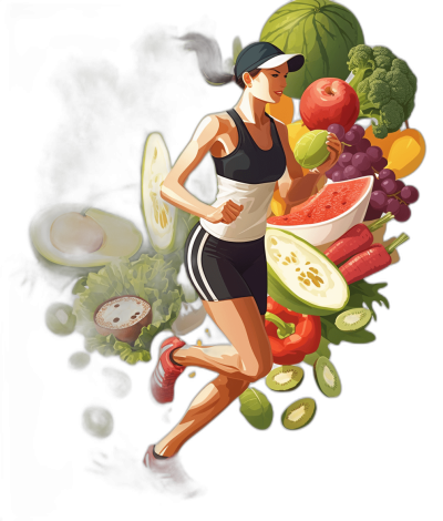 An Asian woman in sportswear is running, surrounded by fruits and vegetables. The illustration is in the vector style with a black background. It is a high resolution digital art piece with detailed details and high quality.